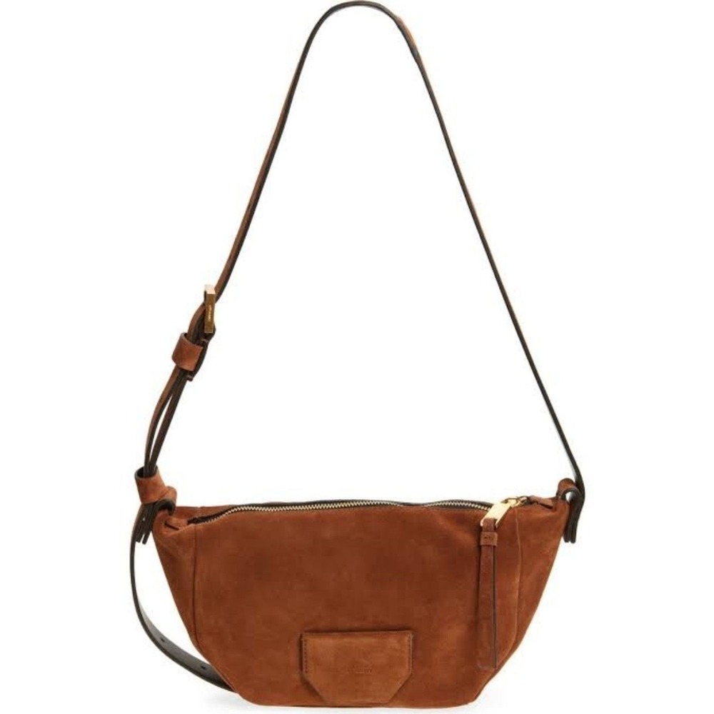 AllSaints Cognac Suede & Gold Hardware Shoulder Bag, BNWT